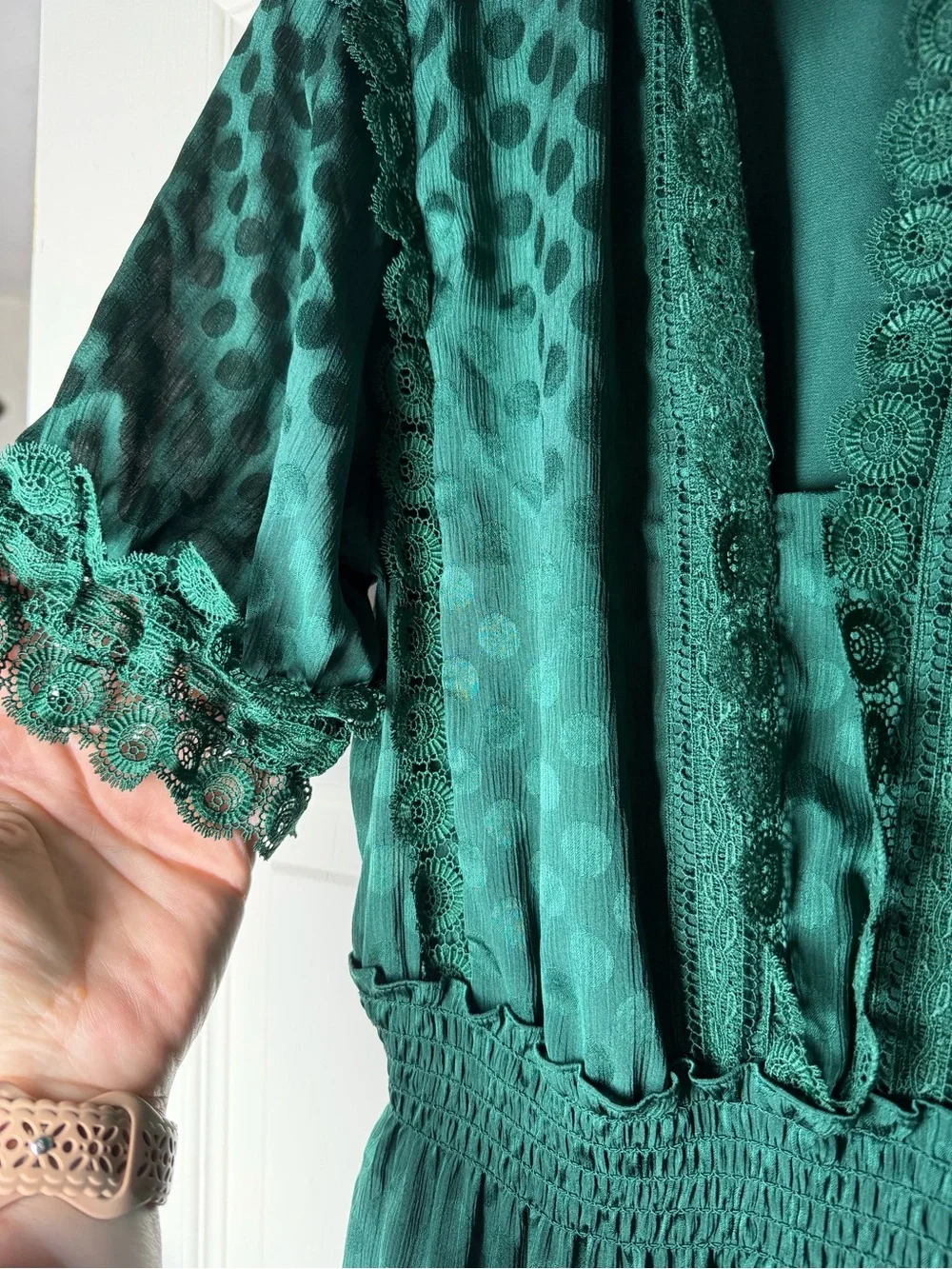 Max Studio Emerald Sheer Lace Satin Polka Dot Tiered Maxi Dress Forest Goddess - Picture 8 of 16